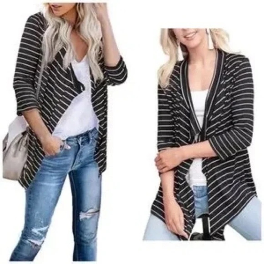 Doubleju | 3/4 Sleeve Striped Nautical Cardigan Sweater Plus Size